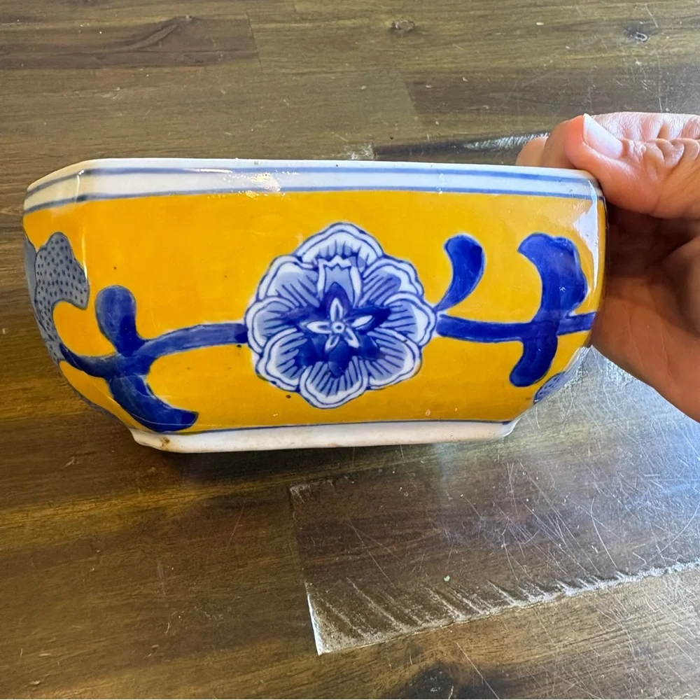 Vintage Blue Yellow Chinese Ceramic Box Jewelry Catchall Lid Trinket Lidded Bowl - Picture 4 of 11